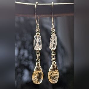 Sterling Silver Citrine Drop Earrings With Carved Clear Quartz Gems